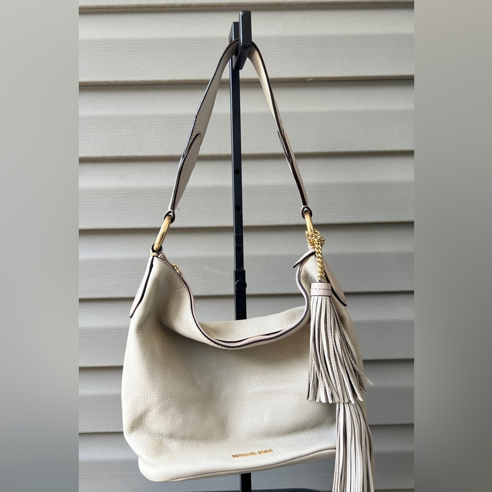 Michael Kors Light Grey Leather Elana Tassel Bucket Bag